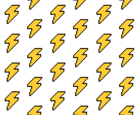 Yellow Pixelated lightning  digital  vector seamless pattern on white background.