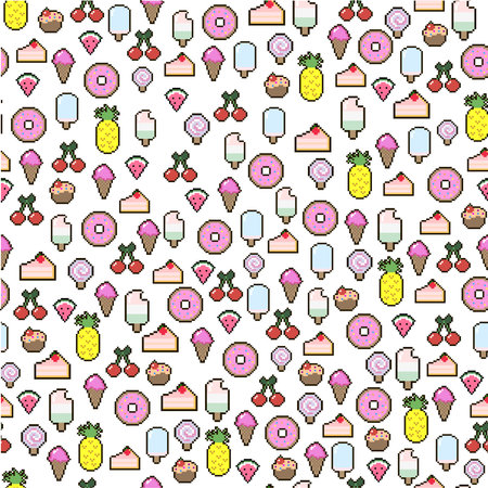 Seamless vector pixel pattern with cakes, ice cream, candy, donuts, berry isolated on white...
