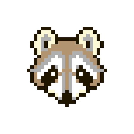 Vector pixel raccoon isolated on white background. 80s-90s style design illustrations - great for stickers, embroidery, badges. racoon cartoon badge or logotype.のイラスト素材