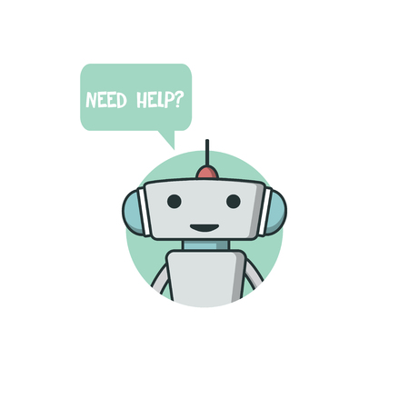 Cute robot, chat bot say need help. Vector modern flat cartoon character illustration. Isolated on white background. Speak bubble. Voice support service chat bot, virtual online help customer support.のイラスト素材