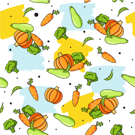 Colourful seamless pattern with healthy food icons and brush strokes. Vector vegetables background with carrot, pumpkin, zucchini, broccoli for cooking blog, menu, cafe, restorantのイラスト素材