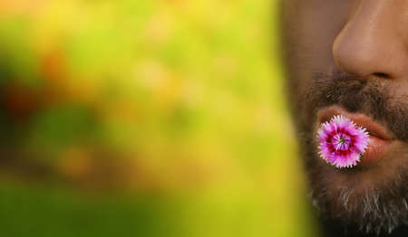 a man's mouth holding a pink flowerの写真素材