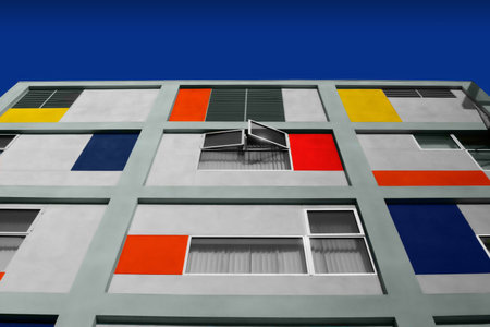Looking up on a modern colorful building
