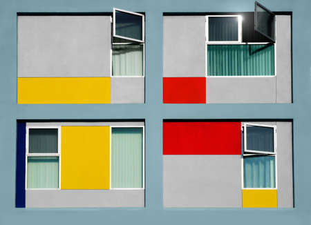 Front view of mordern building with windows and squaresの写真素材