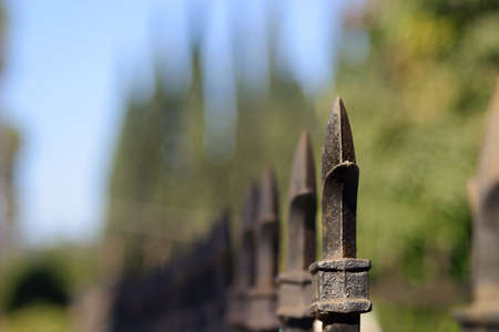 detail of a fence spike with blurred trees in the background (selective shallow DOF)の写真素材