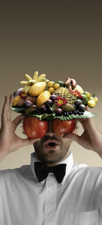 Fun portrait of a man in bow-tie holding apples in front of eyes and wearing fruit platter hat