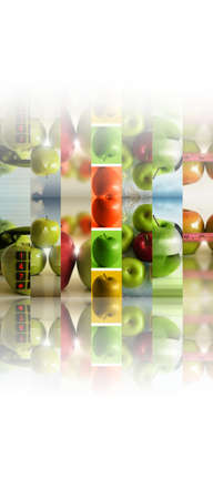 Composite of a series of abstract photos depicting apples with reflection effect against white backgroundの写真素材