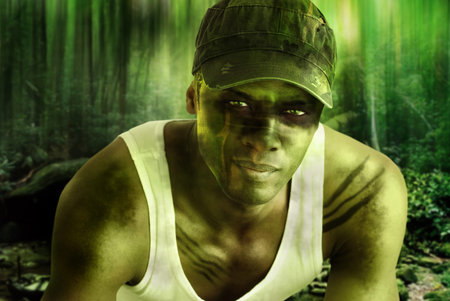 Stylized fantasy portrait of a cool army hero guy with face paint and camo hat in dark mysterious...