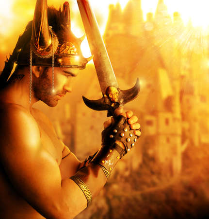 Portrait of a beautiful young warrior holding sword in golden lightの写真素材
