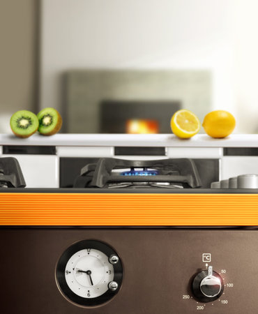 Ultra-modern very clean detail of kitchen stove with abstract look and feel including fireplace in...