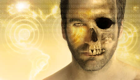 Conceptual stylized portrait of a man with have face and half skull with abstract modern background and elementsの写真素材