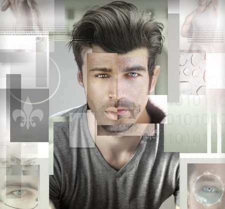 Conceptual stylized abstract composited photo creating a portrait of man with several elements