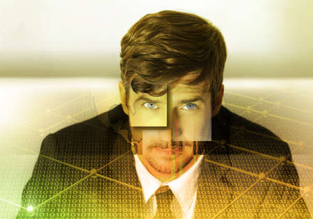 Abstract business portrait of a young man in suit with golden grid overlayの写真素材