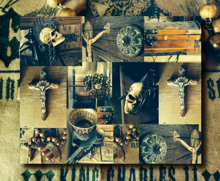 Creative abstract conceptual collage of several antique elements including a crucifix and skull with...
