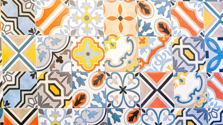 typical colorful sicilian floor and wall tiles in different patterns and designの写真素材