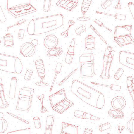 Vector cosmetics repeat pattern with bottles, lacquer, lipstick, eye shadows, mascara and powder outline on the white background. Hand drawn makeup products line art.のイラスト素材