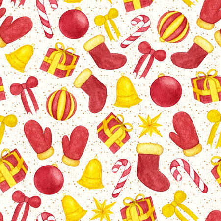 Hand painted big christmas seamless pattern with watercolor balls of red and yellow colors, bells,...