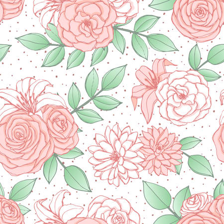 Vector seamless pattern with pink and white lily, chrysanthemum, camellia, peony and rose flowers and leaves on dotted background. Vintage floral ornament of blossoms in sketch style. For fabric, wrapping paperのイラスト素材