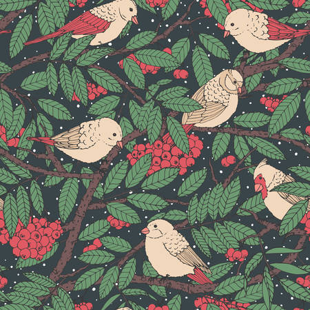 Hand drawn vector seamless pattern with birds, branches, leaves and rowanberry on black dotted background. Snowy winter decoration ornament for fabric, textile, covers or wrapping paper.のイラスト素材