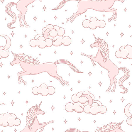 Hand drawn vector cartoon unicorns repeat pattern on white background. Pink magical creatures with stars, moons, clouds and hearts. Cute illustration for children in pastel colors.のイラスト素材