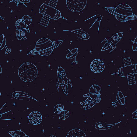 Hand drawn vector seamless pattern with cosmonauts, satelites, rockets, planets, moon, falling 
stars and UFO. Cosmic ornament on the dark background.のイラスト素材