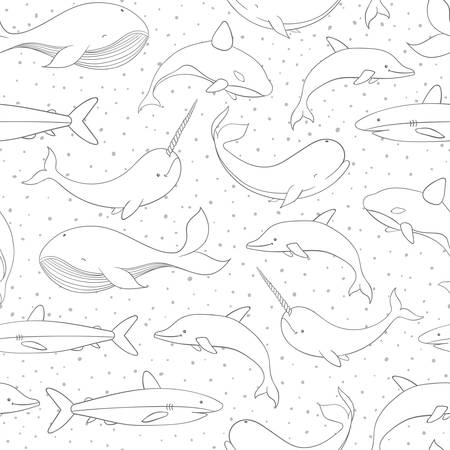 Vector seamless pattern with whale, shark, narwhal and dolphin contours on the polka dot white background. Sea creatures and marine life backdrop.のイラスト素材