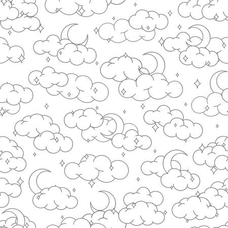 Night sky seamless pattern with clouds stars and moons outline. Cute children illustration for background or textile.のイラスト素材