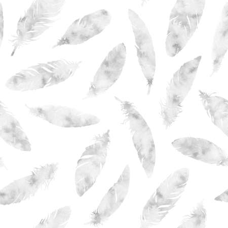 Hand painted watercolor feathers seamless pattern on white background. Textured black and white boho decoration. Pastel ornament for wrapping paper, fabrics and textile.の写真素材