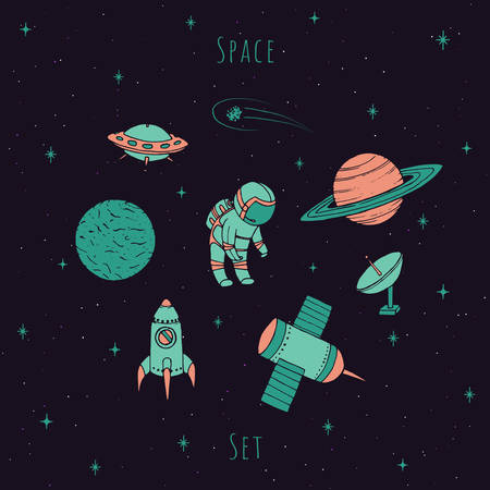 Hand drawn vector space elements: cosmonaut, satelites, rocket, planets, falling star and UFO. Colorful cosmos set on the starry background.のイラスト素材