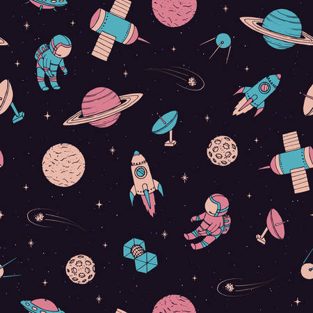 Vector seamless pattern with cosmonauts, satelites, rockets, planets, moon, falling stars and UFO in sketchy style. Cosmic elements on the starry dark background. Space travel.のイラスト素材