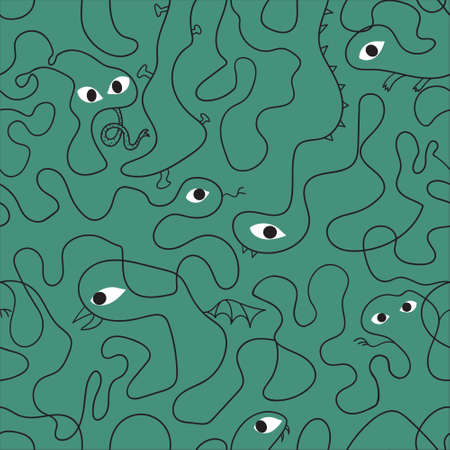 Abstract linear background seamless pattern with cute scary faces. Vector illustration.のイラスト素材