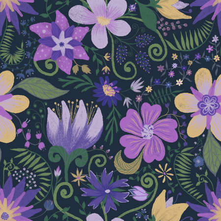 Fantasy magic garden seamless repeating pattern. Handdrawn backgroung illustration. Floral textile design.の写真素材