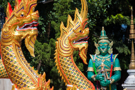 statue king of nagas in front of buddhism temple, Chiangmai Province, Thailand