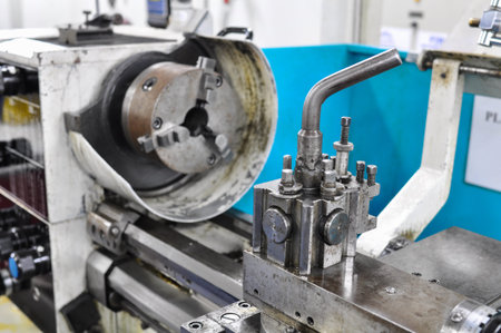 lathe machine in a workshop, Part of the latheの写真素材