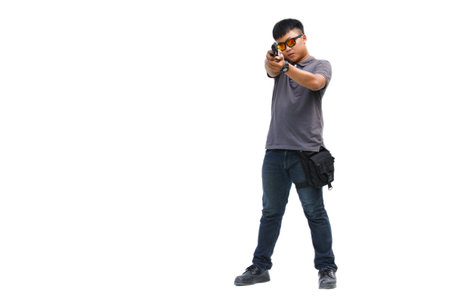 Spy man in the mission, Killer mission, Portrait Of Young Man With Gun On White Background
