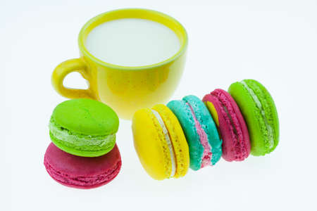 Colorful macarons set on table, traditional french colorful macarons ,Sweet macarons.の写真素材