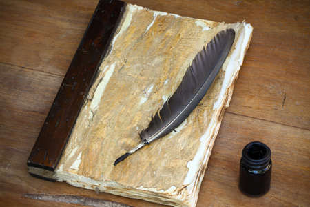 vintage memories on wooden background, Pocket book for recorded memories.の写真素材