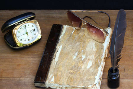 vintage memories on wooden background, Pocket book for recorded memories.の写真素材