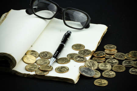 vintage memories on wooden background, Pocket book for recorded memories.の写真素材