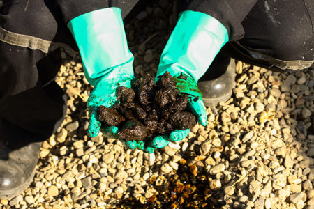 Oil sands development from an oil drilling district. The hand on the oil sands. Operator take oil...