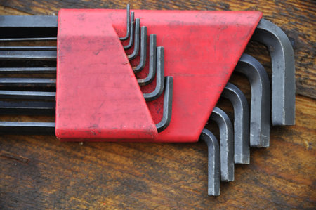 Hex set of hand tools on wooden background, Tools equipment.