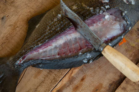 Fresh fish from the sea on wooden background, Healthy foods background.の写真素材
