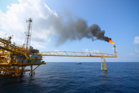 Oil and gas platform in the gulf or the sea,  Offshore oil and rig construction, Energy business.