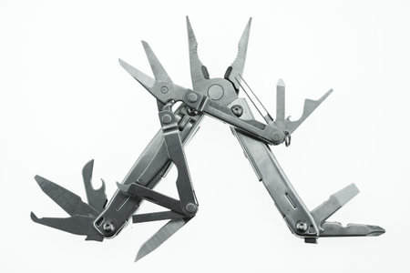 Pocket knife or Steel multi-function tools isolated on white background. Hand tools in industry...