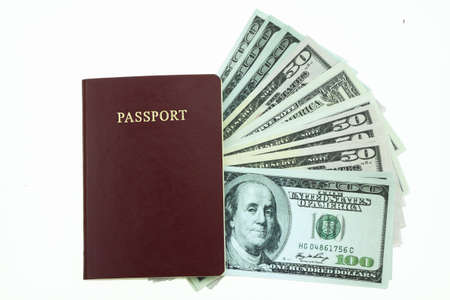 Banknotes and passport on white background, pocket money and prepare for travel.の写真素材