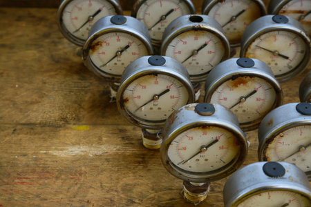 Old pressure gauge or damage pressure gauge of oil and gas industry on wooden background, Equipment...