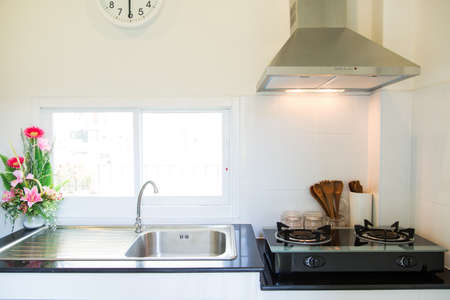 Close up of the gas stove in kitchen room. Modern kitchen interior, Building interior.の写真素材