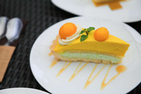 Piece of chocolate cake with icing on white isolated backgroundの写真素材