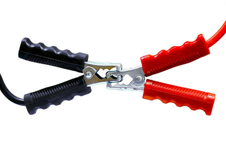 Battery cable isolated on white background, Connector of battery cable in industry work, Service and recharge power of battery in car.の写真素材