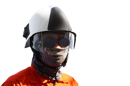 Fire fighter on oil and gas industry, successful firefighter at work , Fire suit for fighter with fire and suit for protect fire fighter, Security team when fire case.の写真素材